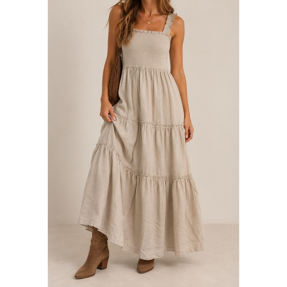 Roxy Womens Beige Tiered Maxi Dress Medium Boho Ruffle Cottagecore